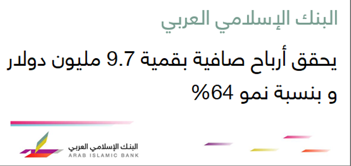 البنك الاسلامي العربي يحقق أرباحا صافية بقمية 9.7 مليون دولار و بنسبة نمو 64%