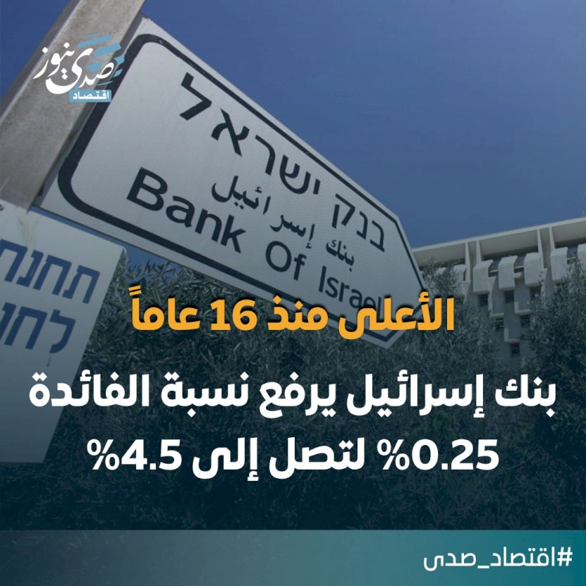 محدث|| بنك إسرائيل يرفع سعر الفائدة إلى أعلى نسبة منذ 16 عامًا